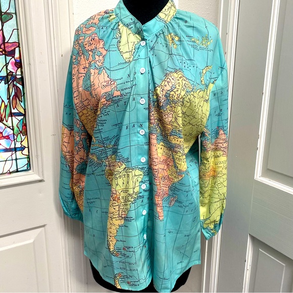 Tops - Unique NWT Globe World Map Blouse Size XL